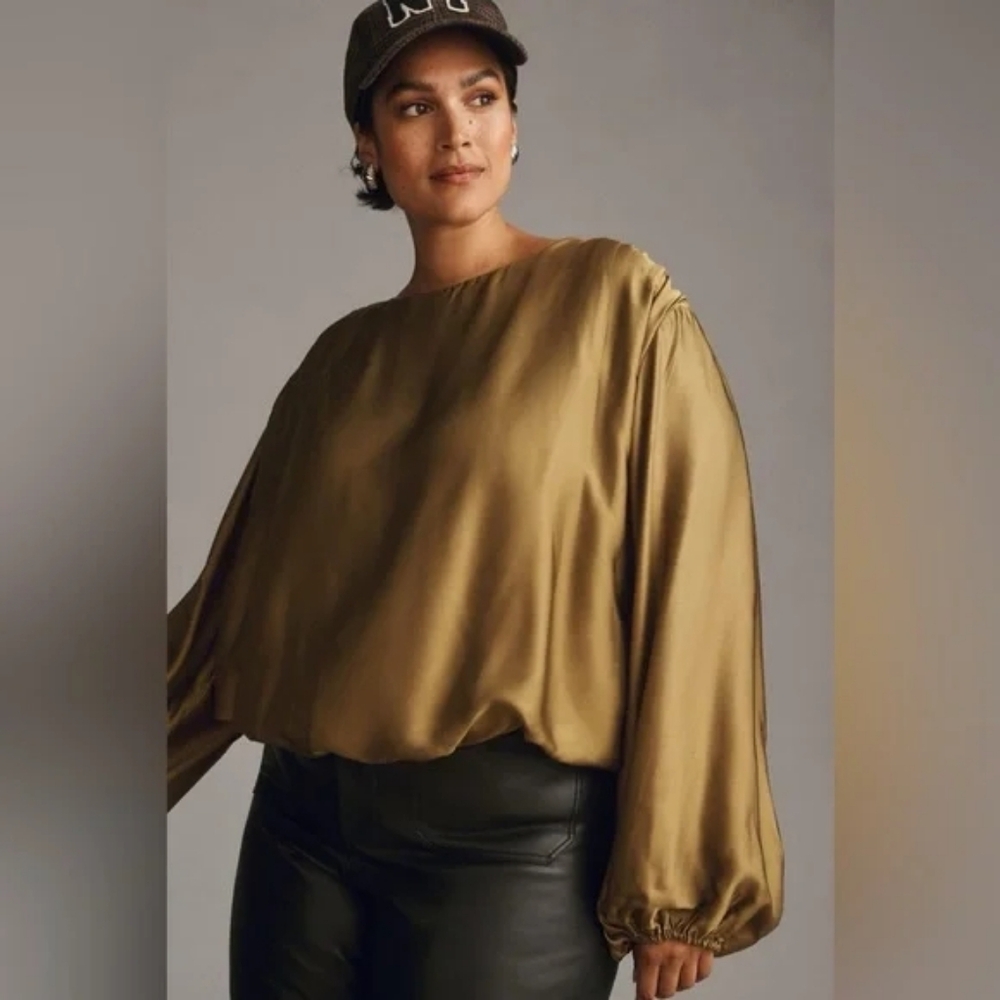 By Anthropologie Olive Green Balloon Sleeve Silky Blouse Top